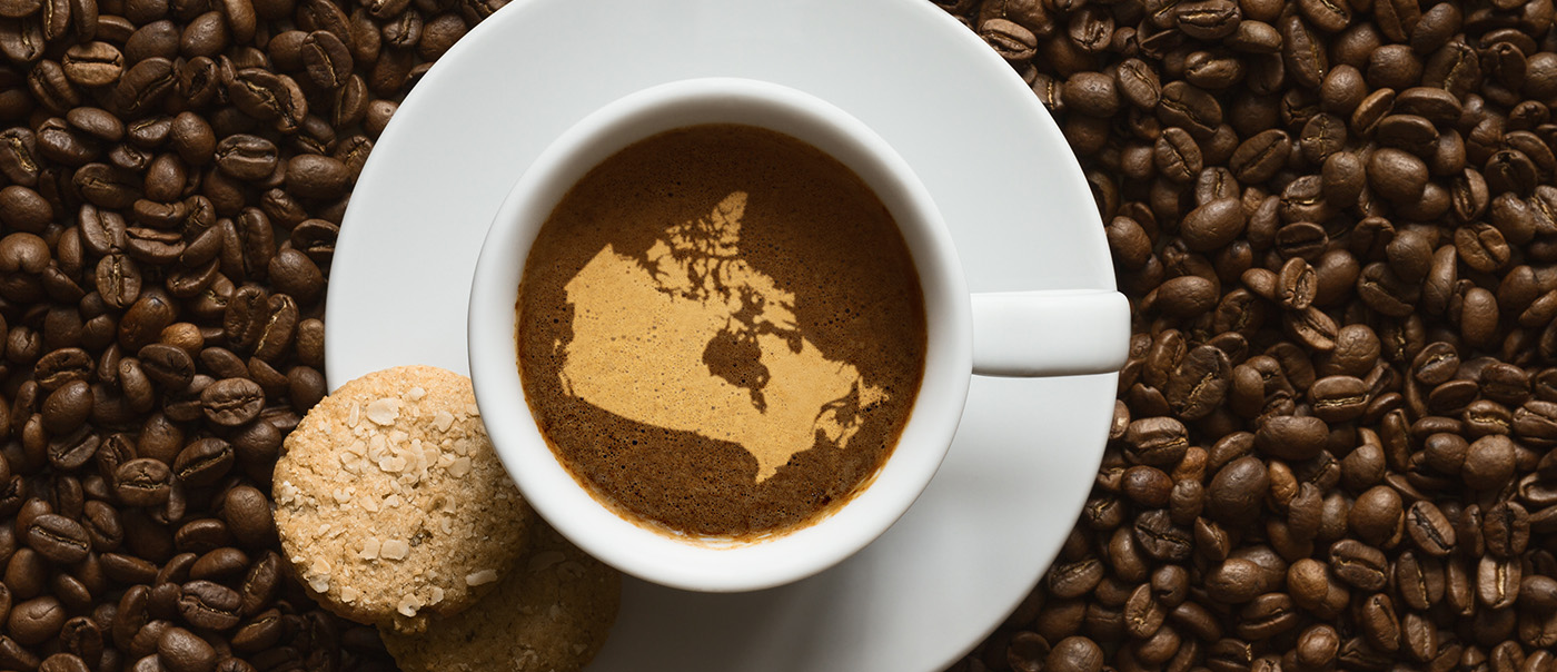 Map of Canada in a cup of coffee.