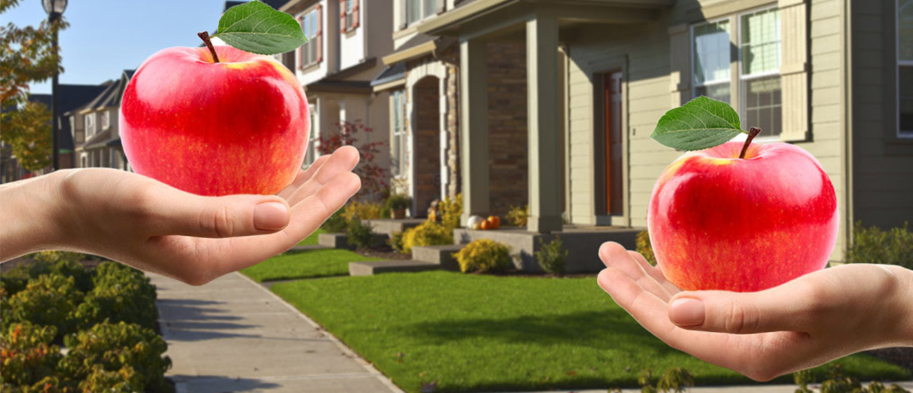 Apples in front of a house. 