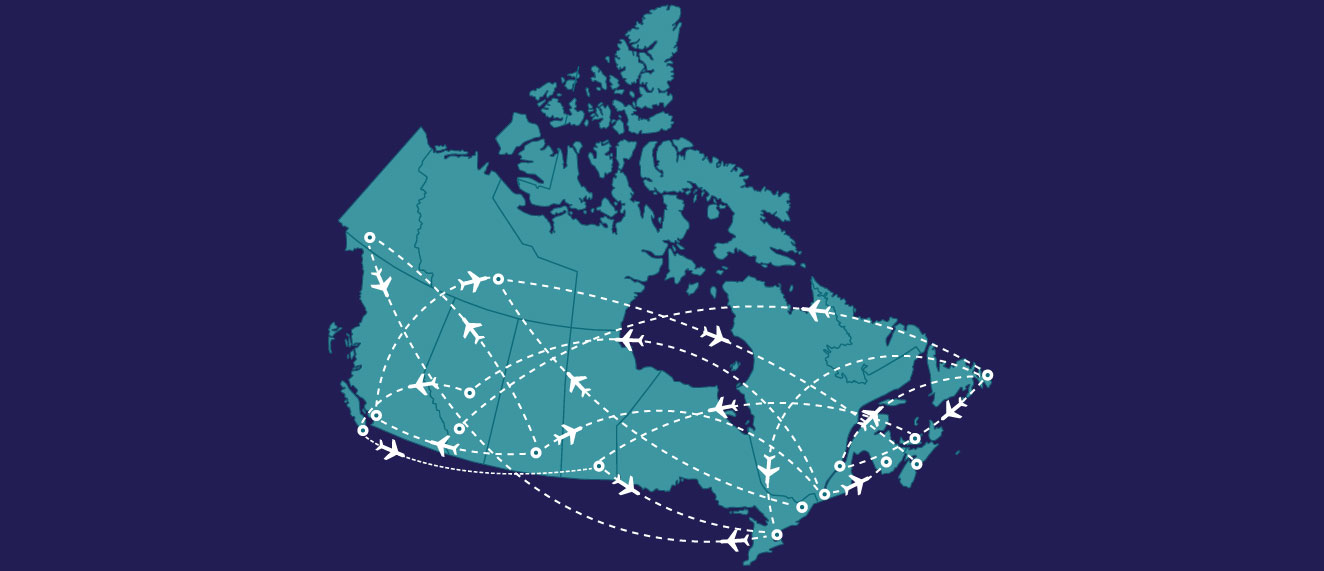 Map of Canada with airplanes indicating trips. 