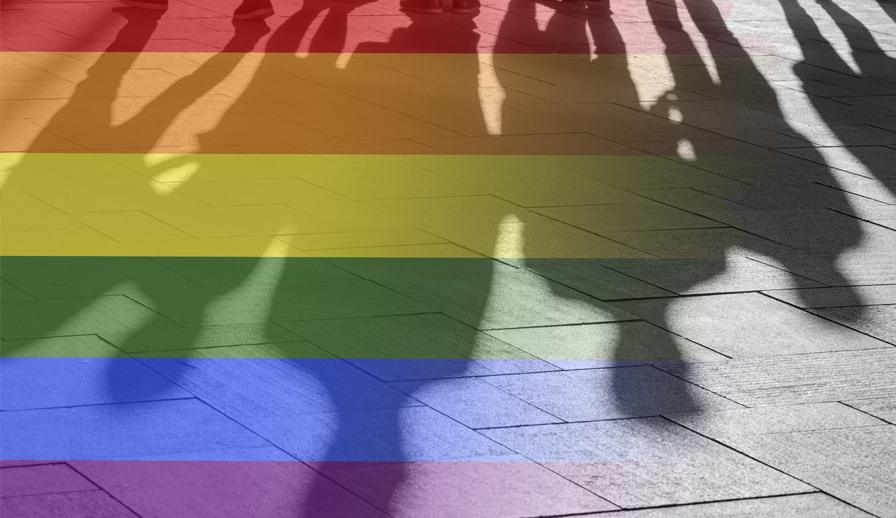 Pride flag with shadow from a crowd.