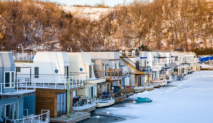 Floating homes in the winter.