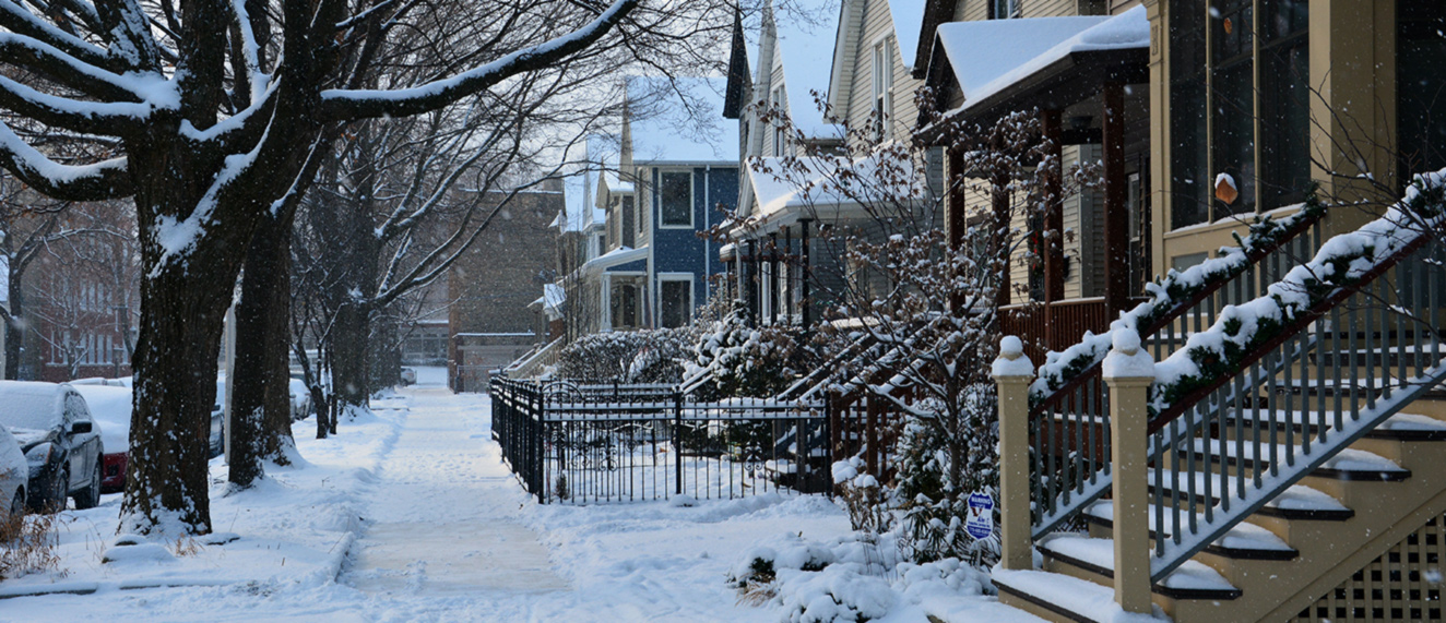 Winter homes on a street