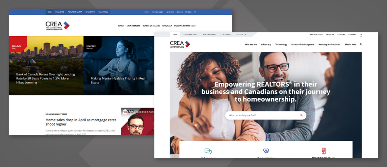 Side by side of old and new CREA.ca websites.