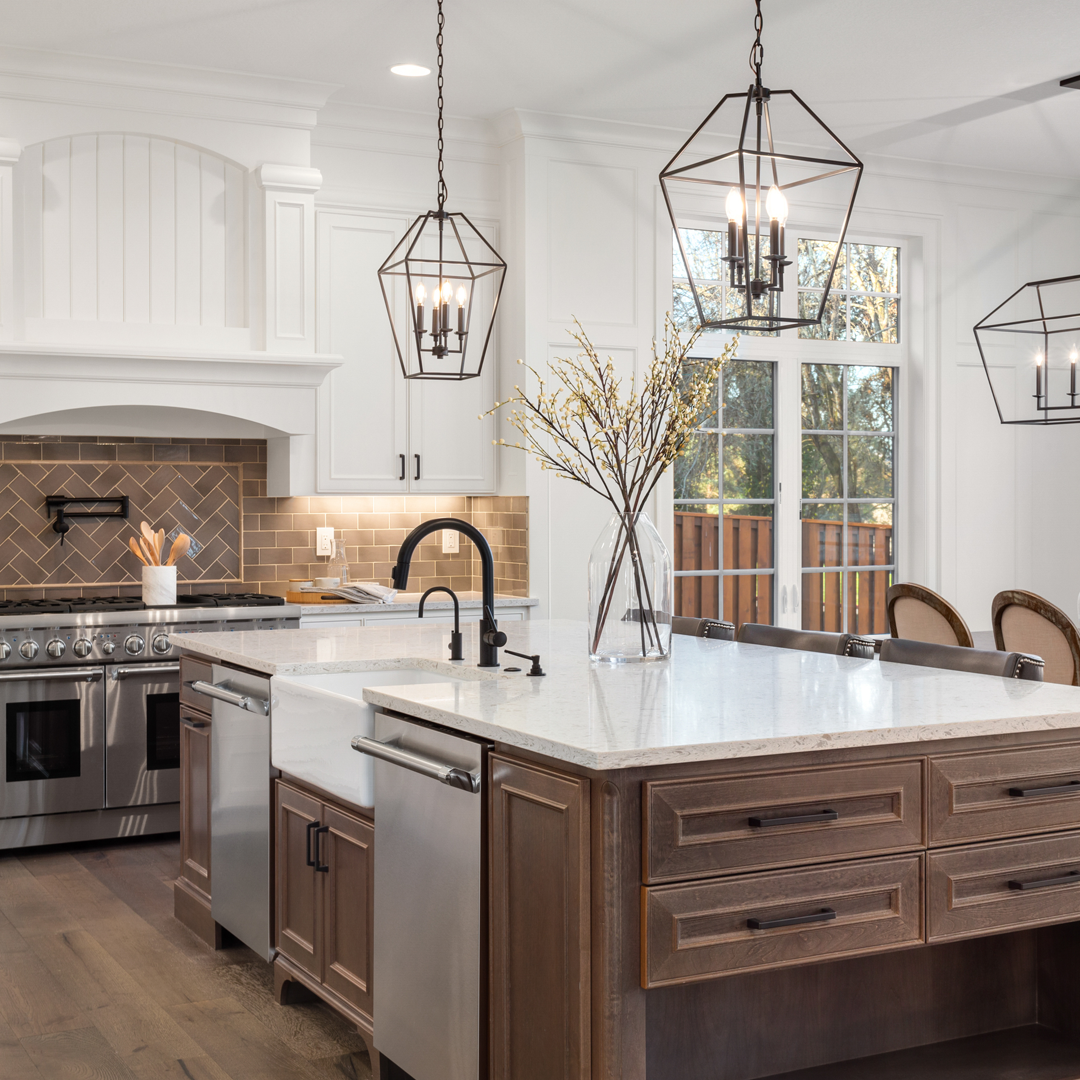 Beautiful light fixtures in a kitchen. 
