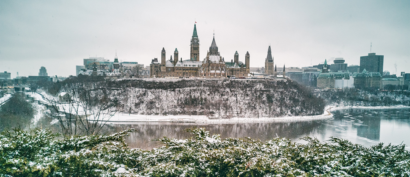 Ottawa Parliament in Winter . Cityscape of Canada's capital city, canadian travel destination in snow landscape.