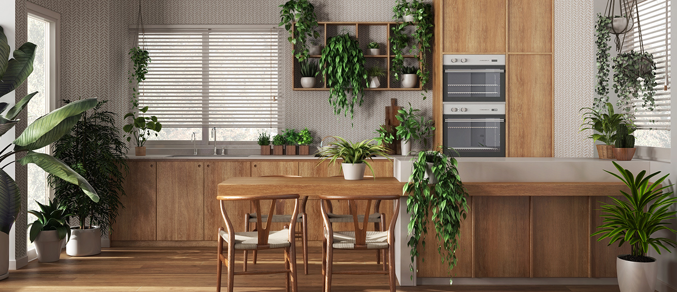 Modern kitchen with wood and plants.