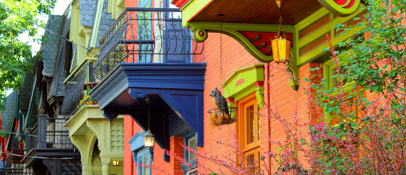 Canadian street with colourful awnings.
