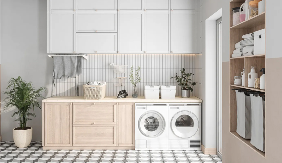 Modern white and birch laundry room.