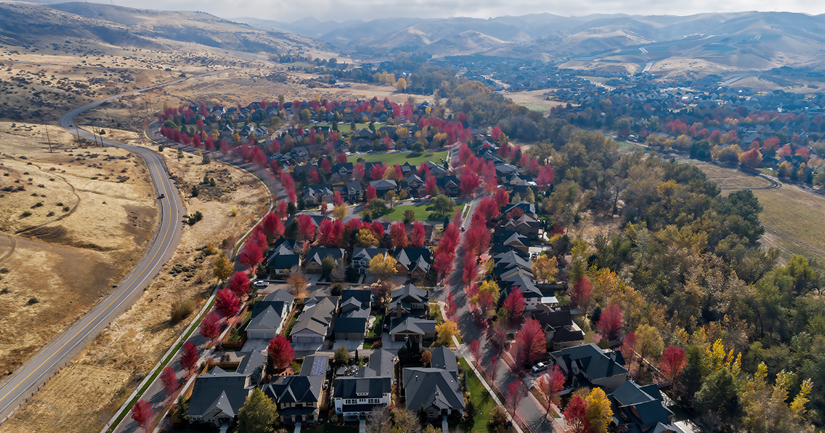 Overhead view of neighbourhood in the fall.