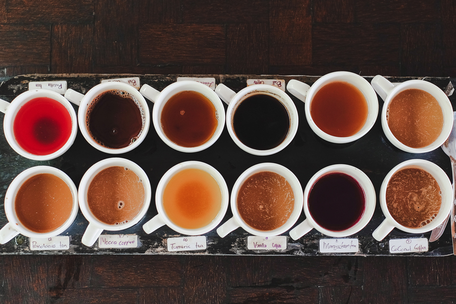 A bunch of teas on a tray.